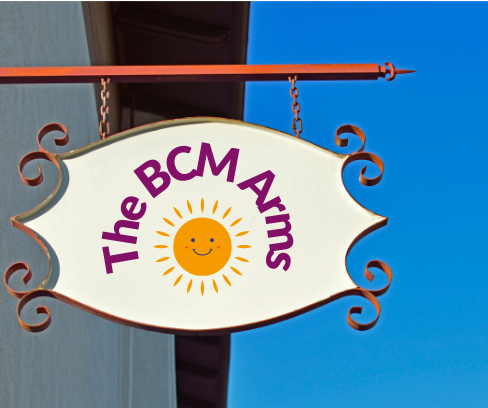 Pub sign with the BCM Arms on it and a smiley sunshine