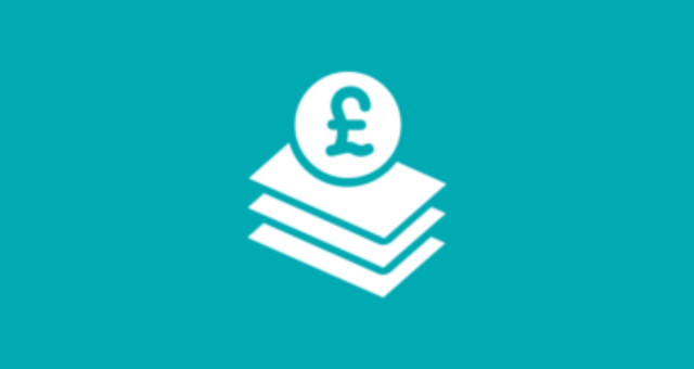 A simple graphic with a teal background and a pound coin on top of a stack of paper